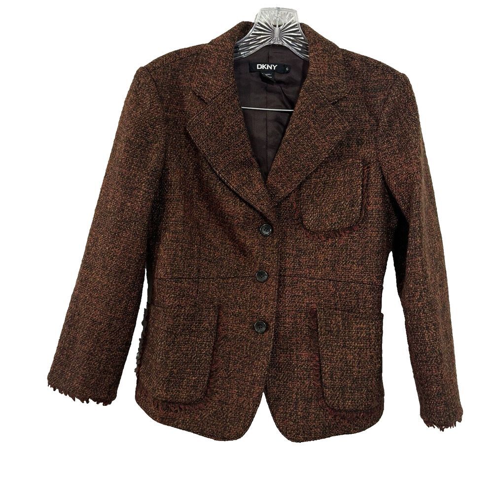 DKNY Womens Rust Wool Tweed Long Sleeve Blazer Jacket Size 6